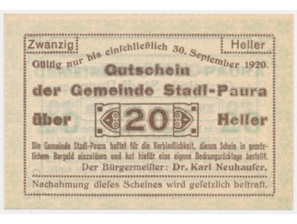 Rakousko, nouzová bankovka 20 h, Paura, 1920, krásný stav UNC