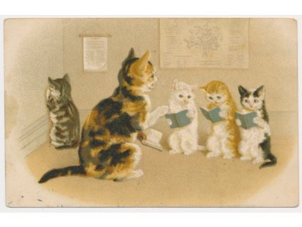 Kočka a čtyři koťátka, "Ve škole", cca 1908