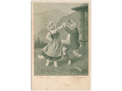 Námětová pohlednice, Kočky při tanci, "Schuhplattl", A. Dreher, cca 1900