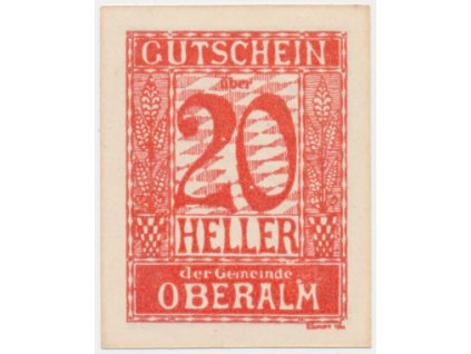 Rakousko, nouzová bankovka 20 h, Oberalm, 1920, krásný stav UNC