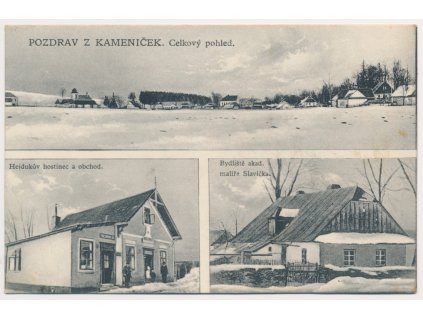 10 - Chrudimsko, Kameničky, 3 - záběr, Hejdukův hostinec, dům ak. mal. Slavíčka...,cca 1918