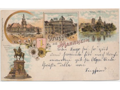 Německo, Gruss aus Mannheim, Rathaus, Postamt, Stadtpark, cca 1898