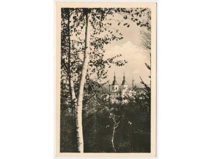 70 - Orlickoústecko, Žamberk, lesní partie s pohledem na kostel, cca 1953