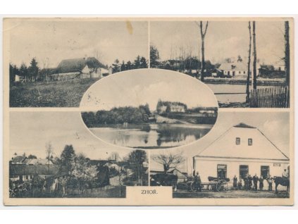 31 - Kutnohorsko, Zhoř, 5 - ti záběr, Hostinec, partie obce, cca 1935