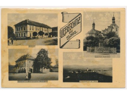 34 - Lounsko, Liběšice, 4 - záběr, Obchod, Škola, Kostel..., cca 1933