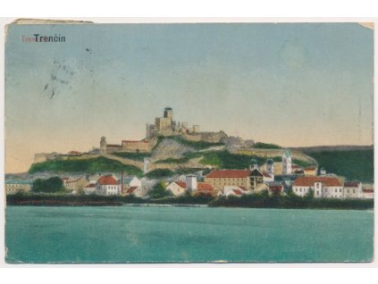 Slovensko, Trenčín, pohled na město od řeky, cca 1919 od
