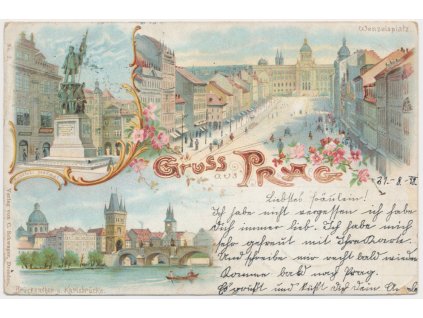 9 - Praha, 3 - záběrová koláž "Gruss aus Prag", Radeckého pomník, Karlův most..., cca 1898