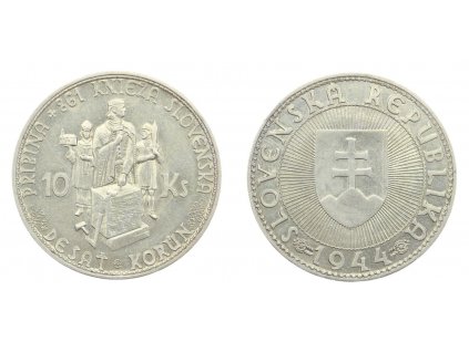 SK, Ag (stříbrná) mince 10 Ks, 1944, varianta bez kříže na kapličce
