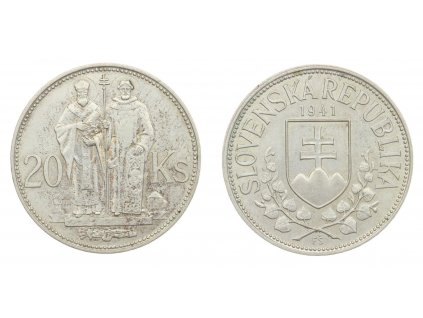 SK, Ag (stříbrná mince) 20 Ks, 1941, Cyril a Metoděj, pěkný stav
