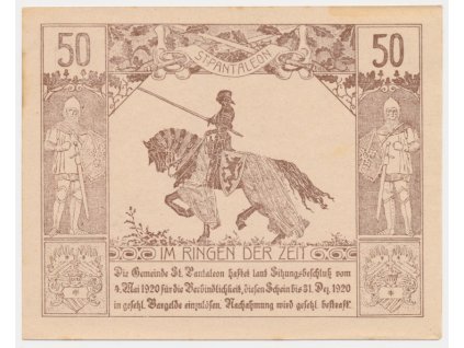 Rakousko, nouzová bankovka 50 h, St. Pantaleon, 1920, krásný stav UNC