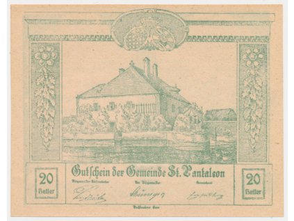Rakousko, nouzová bankovka 20 h, St. Pantaleon, 1920, krásný stav UNC