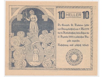 Rakousko, nouzová bankovka 10 h, St. Pantaleon, 1920, krásný stav UNC