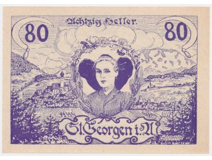Rakousko, nouzová bankovka 80 h, St. Georgen, 1920, krásný stav UNC