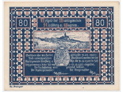 Rakousko, nouzová bankovka 80 h, Kirchberg am Wagram, 1920, krásný stav UNC