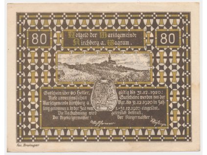 Rakousko, nouzová bankovka 80 h, Kirchberg am Wagram, 1920, krásný stav UNC