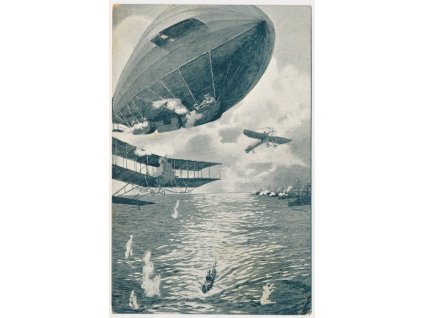 K.U.K. Kriegsmarine, pohled na soubor vzducholodě, letadel a loďstva - koláž, cca 1908