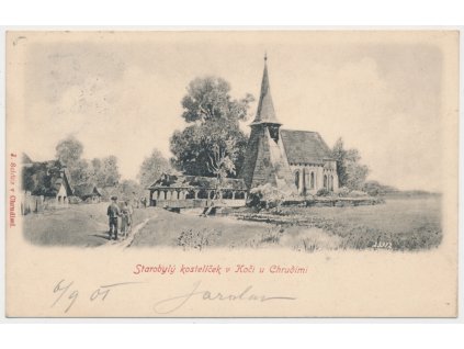 10 - Chrudimsko, Kočí, oživená partie u kostela sv. Bartoloměje, cca 1901