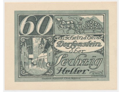 Rakousko, nouzová bankovka 60 h, Dorfgastein, 1920, krásný stav UNC