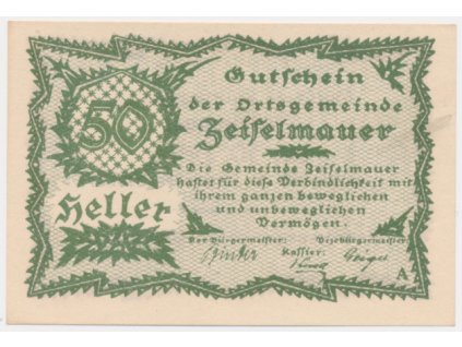 Rakousko, nouzová bankovka 50 h, Ziefelmaurer, 1920, krásný stav UNC