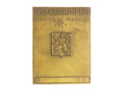 ČSR, AE pamětní plaketa Svaz kanoistů, 1947, velký znak, stav 1/1