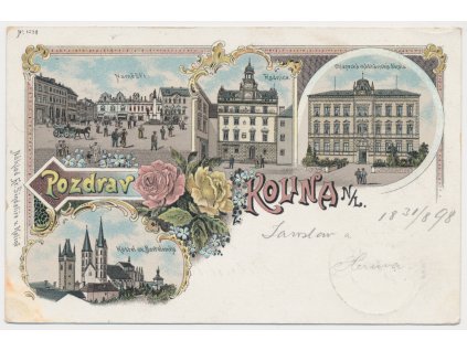 29 - Kolín, 4 - záběrová koláž, Radnice, Náměstí, Kostel, Škola, cca 1898