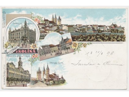 29 - Kolín, 5 - ti záběrová litografie, Záložna, Gymnázium, Děkanský chrám..., cca 1898