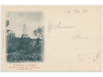 29 - Kolínsko, Bedřichov, Pomník na památku bitvy u Kolína, cca 1898