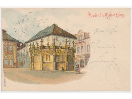 31 - Kutná Hora, oživená partie u kamenné gotické kašny, cca 1902