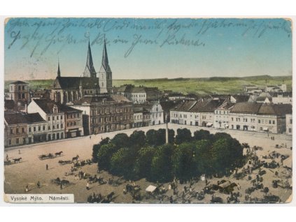 70 - Orlickoústecko, Vysoké Mýto, pohled na oživené náměstí, cca 1915