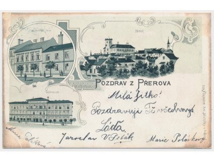 53 - Přerov, 3 - záběrová koláž, Zámek, Gymnázium, Hospodářská škola, cca 1900