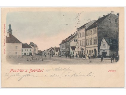 54 - Příbramsko, Dobříš, oživené náměstí, nakl. B. Lewinský, cca 1900