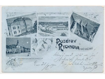 57 - Rychnov nad Kněžnou, 4 - záběrová koláž, pivovar, náměstí, kostel, škola, cca 1900