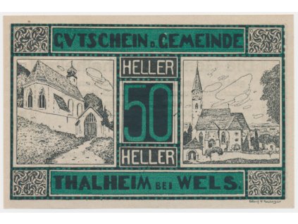Rakousko, nouzová bankovka 50 h, Thalheim, 1920, krásný stav UNC