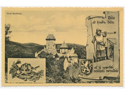 02 - Berounsko, Karlštejn, koláž, pohled na hrad, korunovační klenoty..., cca 1939