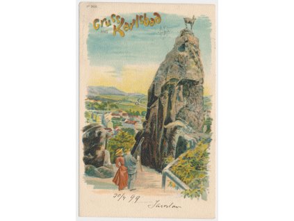 25 - Karlovy Vary, Gruss aus Karlsbad, oživená partie u vyhlídky Jelení skok, cca 1899