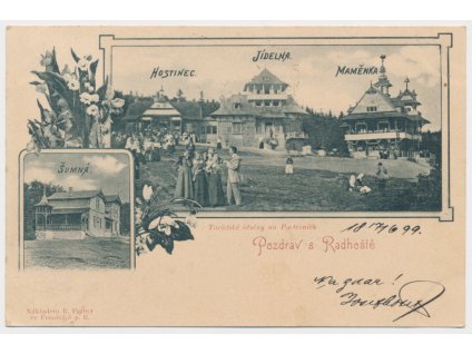 71 - Vsetínsko, Radhošť, Pustevny, 2 - záběrová koláž, Hostinec, Turistické útulny, cca 1899