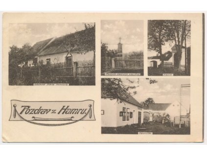 25 - Jindřichohradecko, Hamr, 4 - záběr, obchod pana Kohouta, pomník, kaple, radnice, cca 1926