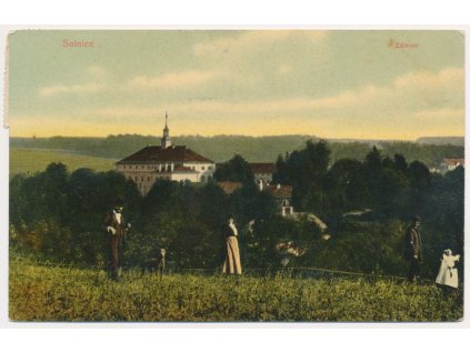 57 - Rychnovsko, Solnice, oživená partie s pohledem na zámek, cca 1908