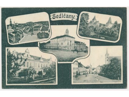 54 - Příbramsko, Sedlčany, 5 - ti záběrová koláž s dominantami města, cca 1920