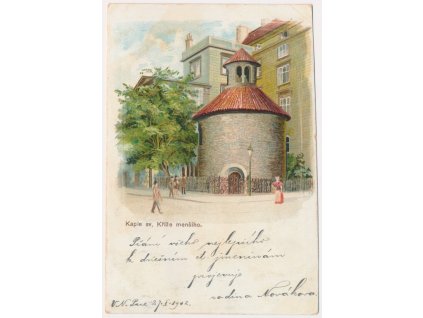 49 - Praha, oživená partie před Kaplí sv. Kříže menšího, cca 1902