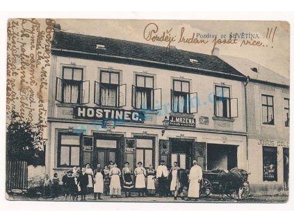 12 - Českobudějovicko, Ševetín, oživená partie u hostice a řeznictví, cca 1911