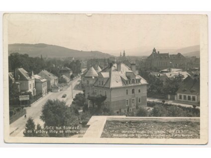 28 - Klatovsko, Sušice na Šumavě, pohled do Tyršovy třídy ze střechy továrny, cca 1928