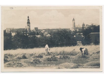 15 - Domažlice, oživená partie z pole s pohledem na město, cca 1923