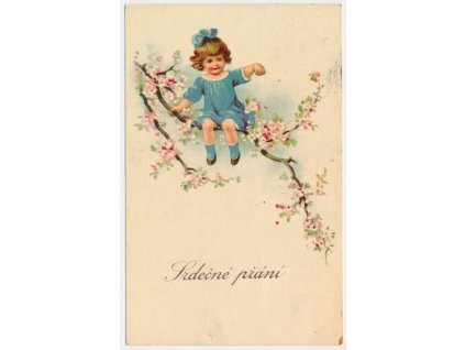 Blahopřejná pohlednice, "Srdečné přání", holčička s modrou mašlí, cca 1932