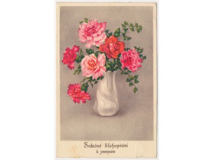 Blahopřejná pohlednice, "Srdečné blahopřání k jmeninám", Karafiáty, cca 1939