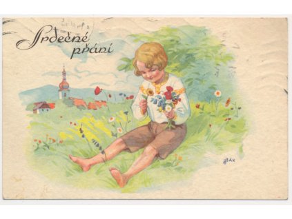 Blahopřejná pohlednice, "Srdečné přání", chlapeček na louce, cca 1945