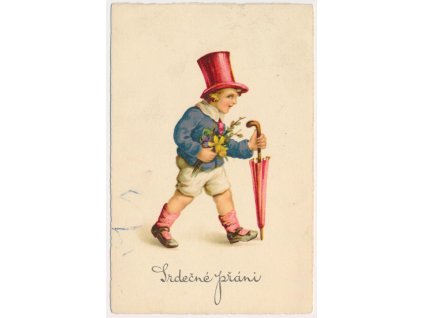 Srdečné přání, Chlapec s kloboukem a deštníkem, cca 1930