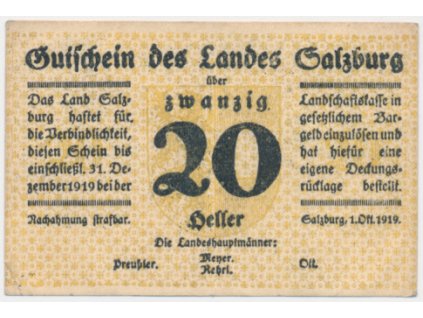 Rakousko, nouzová bankovka 20 h, Salzburg, 1921, krásný stav UNC