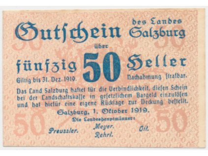 Rakousko, nouzová bankovka 50 h, Salzburg, 1921, krásný stav UNC