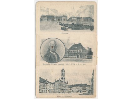 Německo, Kamenec, 4 - okénková koláž, Kasárny, radnice, dům G. E. Lessinga, cca 1900